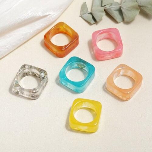 Aesthetic Square Transparent Resin Rings for Women Girl Handmade Candy Color Crafted Summer Pattern Finger Ring Jewelry