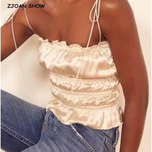 Sexy Elastic Ruched Stain Crop Tops Women Summer Camis Lacing up Bandage Spaghetti Strap Ladies Fold Club Tank Top