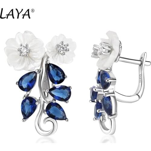 Laya Earrings For Women High Quality Blue Zircon Natural Shell Flower 925 Sterling Silver Clip Earrings Trendy Jewelry