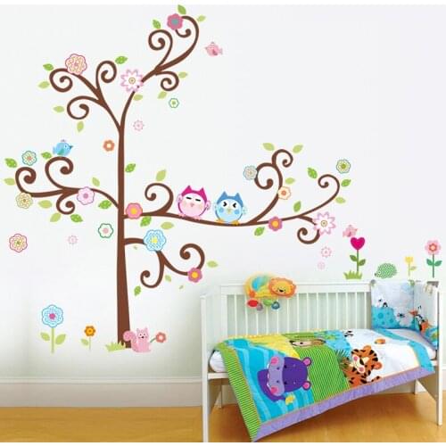 Cute Owlets On Floral Tree Wall Stickers For Kindergarten Kids Room Home Decoration Nursery Cartoon Animals Mural Art Diy Decals