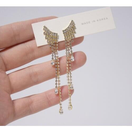 Luxury 14K Real Gold Long Temperament Tassel Super Flash Zircon Wings Temperament Earrings Bridal Jewelry Ladies Accessories