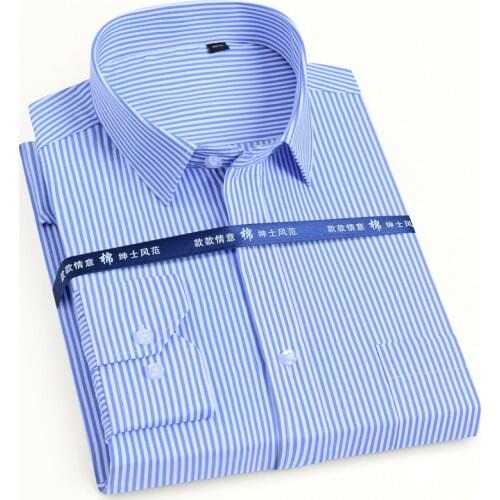 Mens Classic Long Sleeve Solid/striped Basic Dress Shirts Single Patch Pocket Formal Business Standard-fit Office Social Shirt
