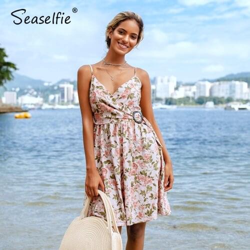SEASELFIE V-neck Floral Smocked Wrap Beach Dress Sexy Spaghetti Straps Mini Dress 2021 New Summer Sleeveless Sundress Vestidos