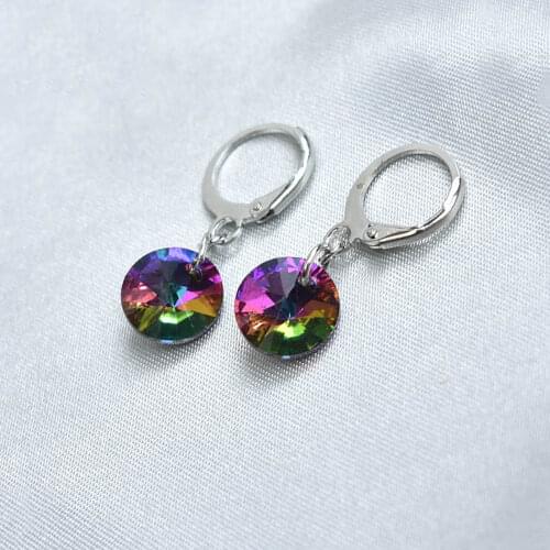 Round Crystal Dangle Drop Earrings For Women Female Wedding Party Gift Silver Color Ear Piercing Jewelry Pendientes Femme