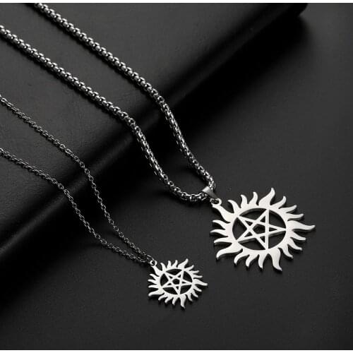 Teamer Supernatural Pentagram Sun Pendant Necklace Women Men Stainless Steel Necklaces Statement Chain Jewelry Couple Gifts