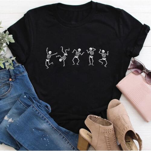 Dancing Skeleton 100%Cotton Print Women Tshirt Unisex Funny Summer Casual O-Neck T Shirt Halloween Shirt Holiday Gift Tee
