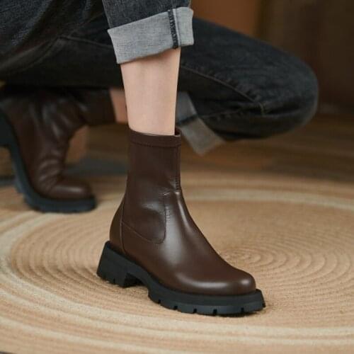 2021 Winter Shoes Women Round Toe Chunky Boots Women Solid Leather Boots Slip Short Modern Boots New Fall Shoes botas de mujer