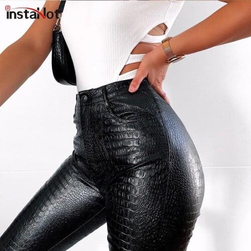 InstaHot Black Pencil Faux Leather Pants Women Casual Elegant Carving Print Ladies Capris Ankle Length Pants Streetwear Trousers