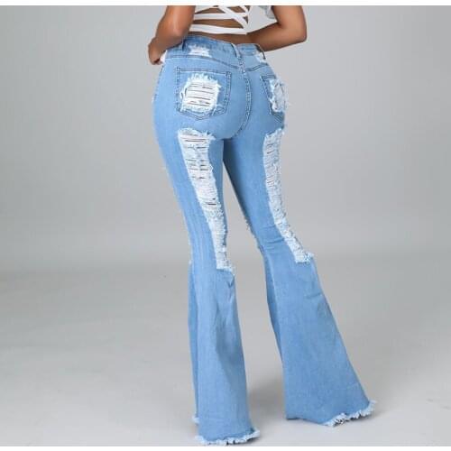 Women Sexy High Waist Hollow Out Ripped Denim Flare Pants Jeans