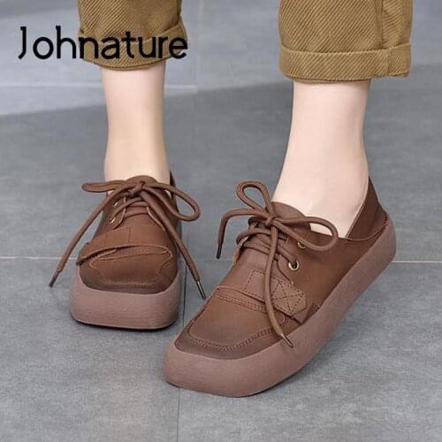 Johnature Genuine Leather Flats Women Shoes Square Toe 2021 New Autumn Casual Lace-up Handmade Shallow Leisure Soft Ladies Shoes