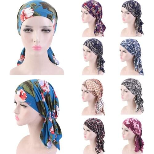 Womens Muslim Hijab Cancer Chemo Flower Print Hat Turban Cap Cover Hair Loss Head Scarf Wrap Pre-Tied Headwear Strech Bandana