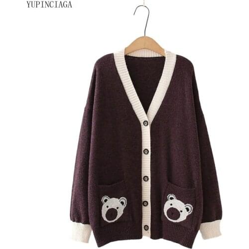 Women Jacquard Knitting Single-breasted Double Pocket Sweet Mid-Length Sweaters Bear Embroidery Cardigans Loose V-neck Sweater