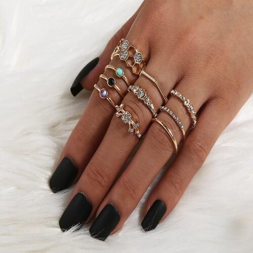 10 Pcs/set Women Fashion Gold Color Colorful Crystal Ring Exquisite Geometric Opening Ring Set Lady Jewelry 2020