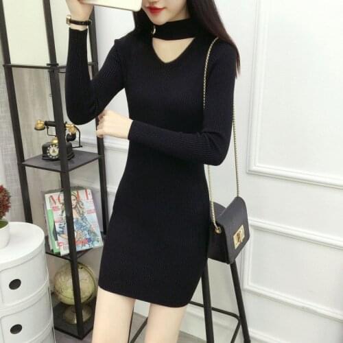 AECU Women Clothes Autumn Long Sleeve Bodycon Casual Dress Fall Winter Slimming Solid Color Elegant Temperament Quality Dress