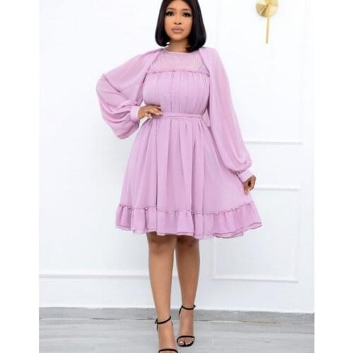 2021 Women Casual Ruffles Midi Dress High Waist Long Sleeve Pullover Loose Solid Color Dress Fashion Lady Party Clothes Vestito