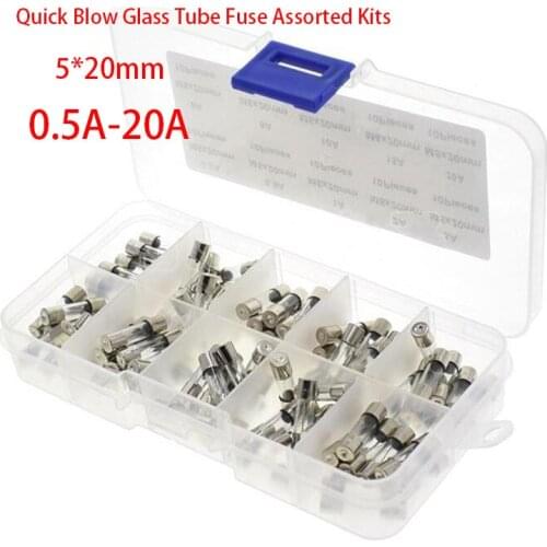 100pcs/Set 5x20mm 5*20mm Glass Fuses 0.5/1/2/3/4/5/6/8/10/20A 250V Quick Blow Glass Tube Fuse Assorted Kits Fast-blow