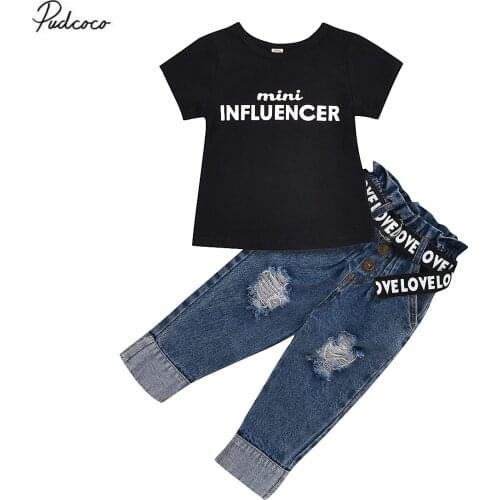 2020 Summer Toddler Baby Girl Clothes Fashion T-Shirt Letter Tops Belt Holes Denim Pants Outfits 2pcs Kids Clothing Set