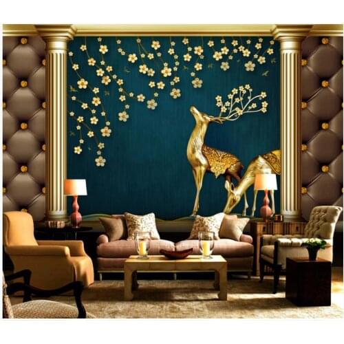 WDBH 3d wallpaper custom photo Golden embossed deer flower soft pack decor living room 3d wall murals wallpaper for walls 3 d