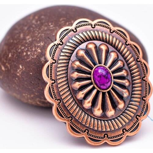 6pc 44*38mm Retro Copper Flower Pattern Purple Bead Concho Button For DIY Leathercraft Belt Luggage Bag Motorcycle Bag Ornament