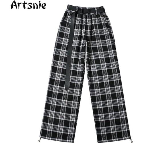 Artsnie Vintage Plaid Wide Leg Pants Women Streetwear Casual High Waist Trousers Spring 2021 Belt Black Ladies Long Pants Femme