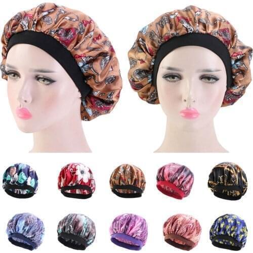 Satin Women Night Sleep Cap Flower Print Turban Chemo Headwear Bonnet Hair Care Hat Elastic Wide Band Head Wrap Beanie Cover New