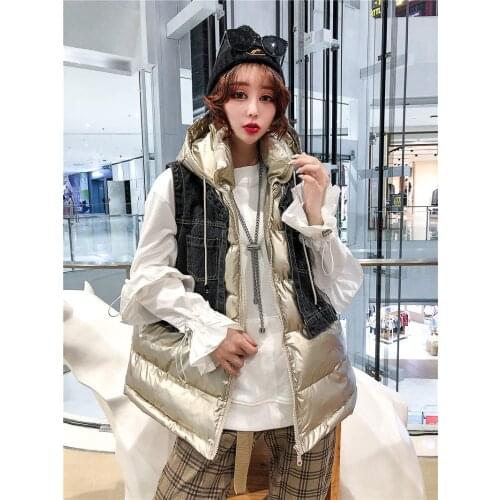 Denim Short Cotton Vest Womens European Station Autumn And Winter Jacket Fashion Stitching Hooded Down Waistcoat Abrigos Y675