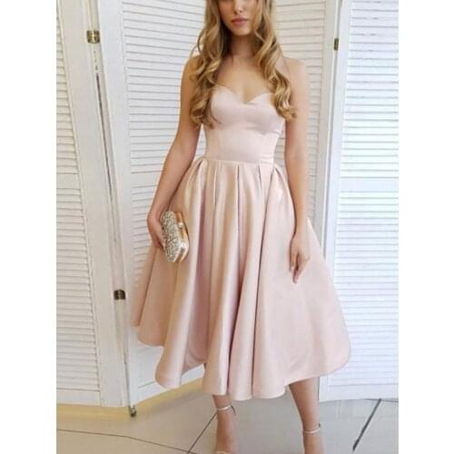 Elegant Simple Cheap Summer Champagne Short A Line Satin Women Cocktail Wedding Guest Dress Evening Dresses