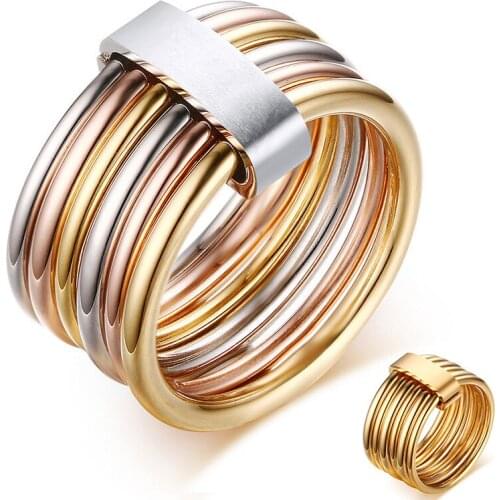 Female Fashion Mix Color Ring Quality Stainless Steel Party Ring for Women 6 Circle Interlocked Stacked Statement Jewelry