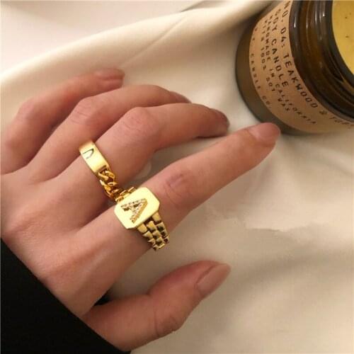 TIMEONLY Delicate Wide Hollow 26 English Alphabet Rings Golden Shiny Rhinestones Open Ring for Women Ladies Fashion Accessories