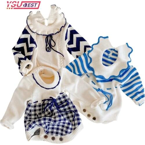 0-24Yrs Baby Girls Knitted Bodysuit Grid Stripe Drawstring Waist Jumpsuit Baby Girl Autumn Winter Long Sleeve Sweaters Bodysuit