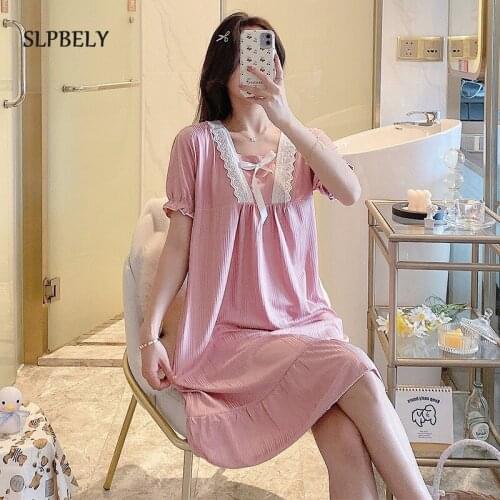 SLPBELY Women Summer Nightdress Nighgrown Sweet Square Collar Nightskirt Sleepwear Short Sleeve Pyjamas Homewear Night Dress New