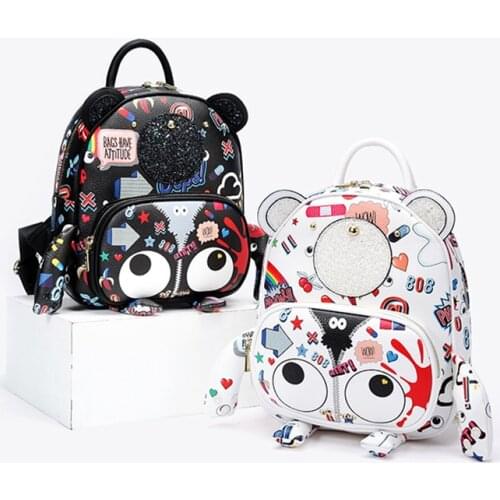 Graffiti bear backpack women luxury brand designer leather white mini backpacks kawaii women’s college school shoulder backpack