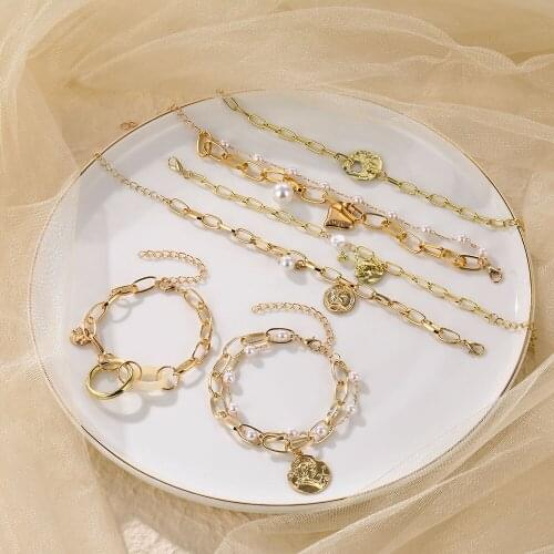 ZOVOLI Punk Gold Heart Coin Charms Bracelet Set Designer Bangles Hippie Cuban Link Chucky Pearl Bracelets For Women Jewelry Gift