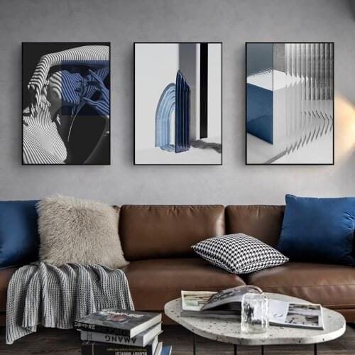 Simple Nordic blue department abstract geometric black and white figure mural poster picture printing decorative painting