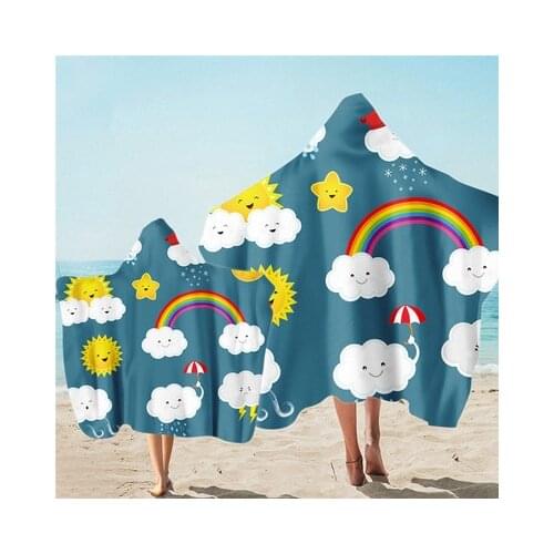 Cute Weather Printed Microfiber Beach Poncho Towel For Adult Kid Absorbent Quick Drying Bath Cape Blanket Outdoor Surf Towels
