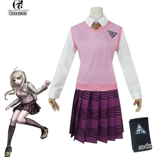 ROLECOS Anime New Danganronpa V3 Cosplay Costume Akamatsu kaede Cosplay Women School Uniform Shirt Sweater Vest Skirt Tie Sock