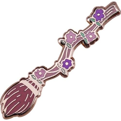 Pink Flowers Magic Broomstick Witch Magical Brooch Pins Enamel Metal Badges Lapel Pin Brooches Fashion Jewelry Accessories