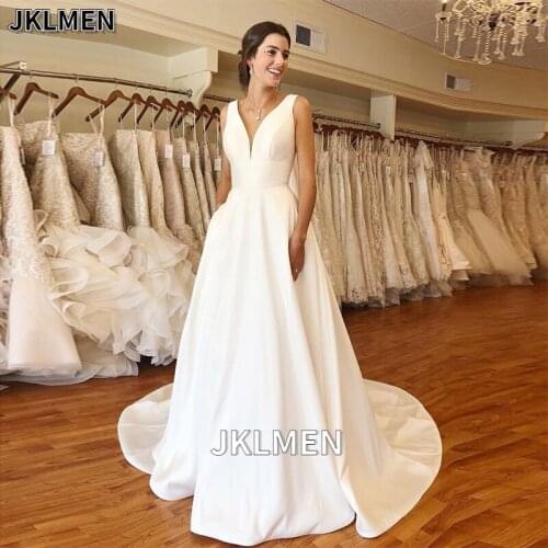 Cheapest A-line Wedding Dresses Elegant V-neck White Ivory Satin Vestido De Novia 2021 Backless Wedding Gowns