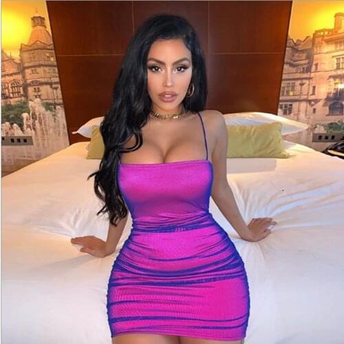 Mesh Bright Color Sleeveless Mini Dresses 2021 Summer Women Sexy Slash Neck Camisole Skinny Bodycon Dress Party Club Outfit