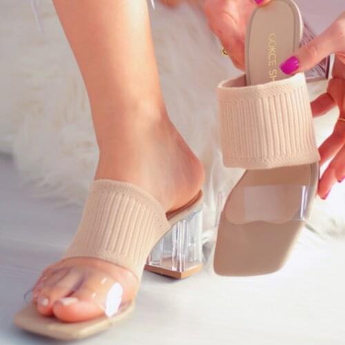 Woman Slippers Top Knitted Transparent Banded Nude 6 cm Heels Summer Fashion Sandals Stiletto Women Sexy Shoes Flip-Flop
