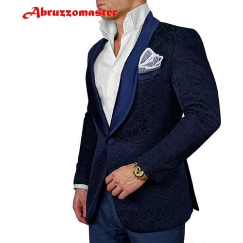Abruzzomaster Abruzzomaster Navy Blue Print Suit jacket for Wedding Suits Custom Made Man Suit Floral Print Groom Tuxedos