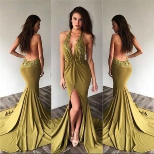 V-neck Court Train Lace Applique Mermaid Backless Spandex Brownish Yellow Sexy Evening Dresses 2020 New Open Back Side Slit