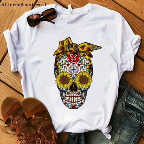 Women Fashion Harajuku Streetwear Skull Bandana Sunflowers Print T-shirt Women Short Sleeve Hip Hop Tee Tops Funny Clothes 2020