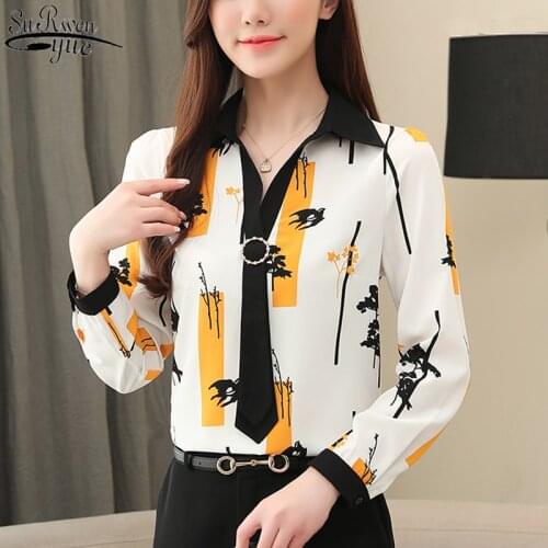 Womens Long Sleeve Chiffon Blosue 2021 Early Autumn New All-match Fashion Printed Bottoming Shirt Korean Office Lady 10672