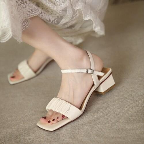 Osunlina 2021 New Woman Toe Sandals Comfortable Square 4cm Square Heels Toe Genuine Leather Buckle Strap Elegant Shoes Woman