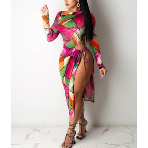 Women Swimsuits Beach Dress Printed High Waist Hollow Bandage Split Cover Ups Swimwear Bathing Suit Bikinis Female Cover-up 2021