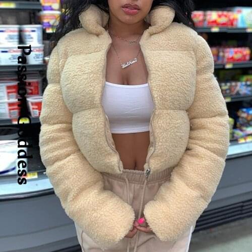 Winter Women Cute Lambswool Puffer Jackets Loose Warm Bubble Coat Cashmere Parkas Down Zipper Stand Collar Puffly Cropped Jacket