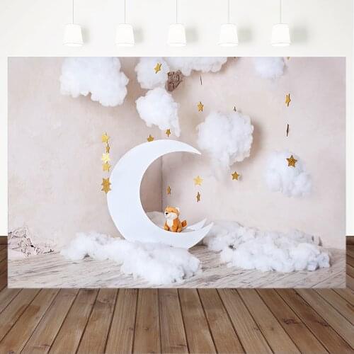 Gold Stars White Cotton Clouds Photography Backgrounds for Newborn Baby Kids White Brick Wall Wooden Floor Photography Backdrops