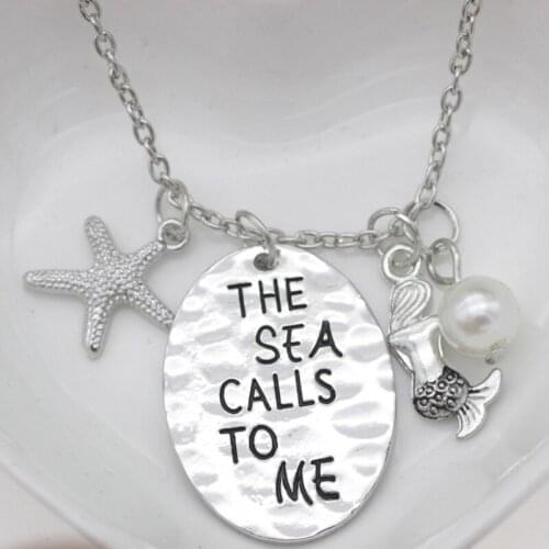 10PCS Lettering Necklace The sea calls to me Mermaid Necklace Jewelry Alloy Charm Accessories Jewelry For Christmas Gifts