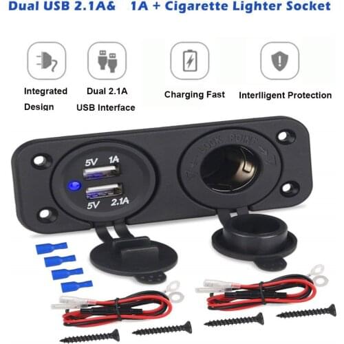 2 Hole Switch Panel For Car Boat Yacht Marine Blue LED Switch Dual USB Charger 2.1A +1 A With Cigarette Lighter Socket 12V/24V